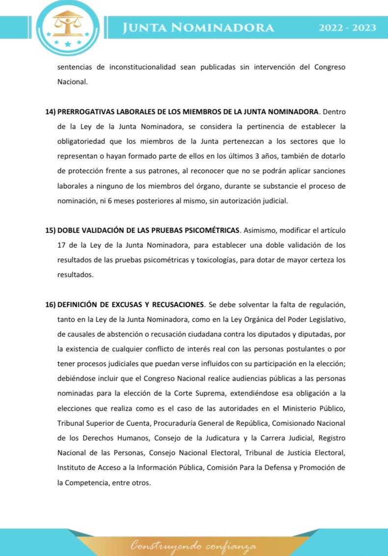 Recomendaciones finales de la Junta Nominadora 